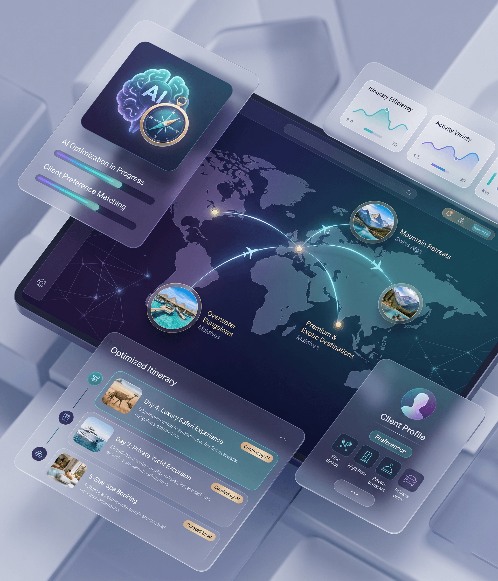 Travel CRM dashboard for luxury travel planner — inquiry pipeline and itinerary builder