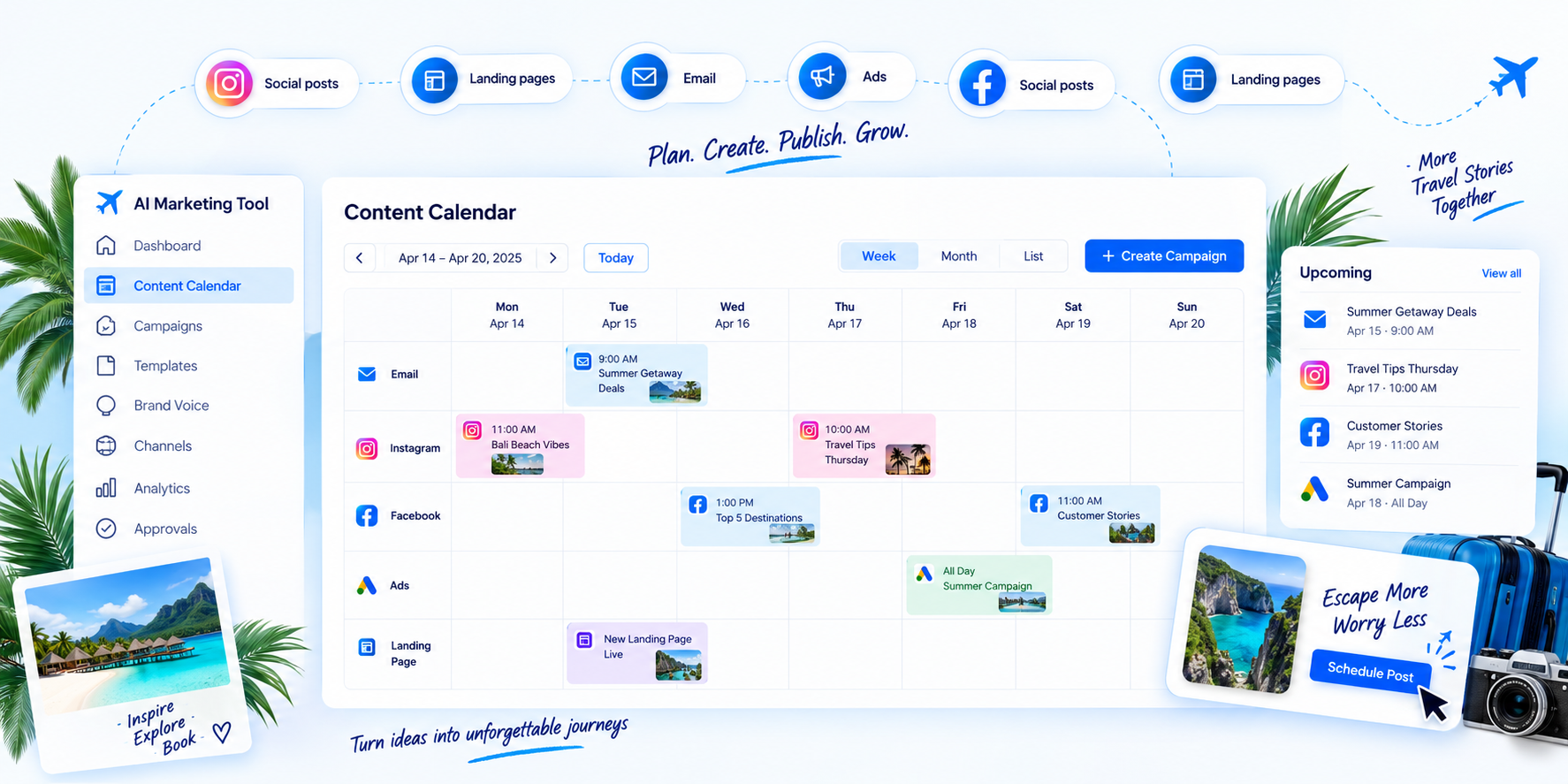 Visual content calendar showing scheduled email, social and ad campaigns