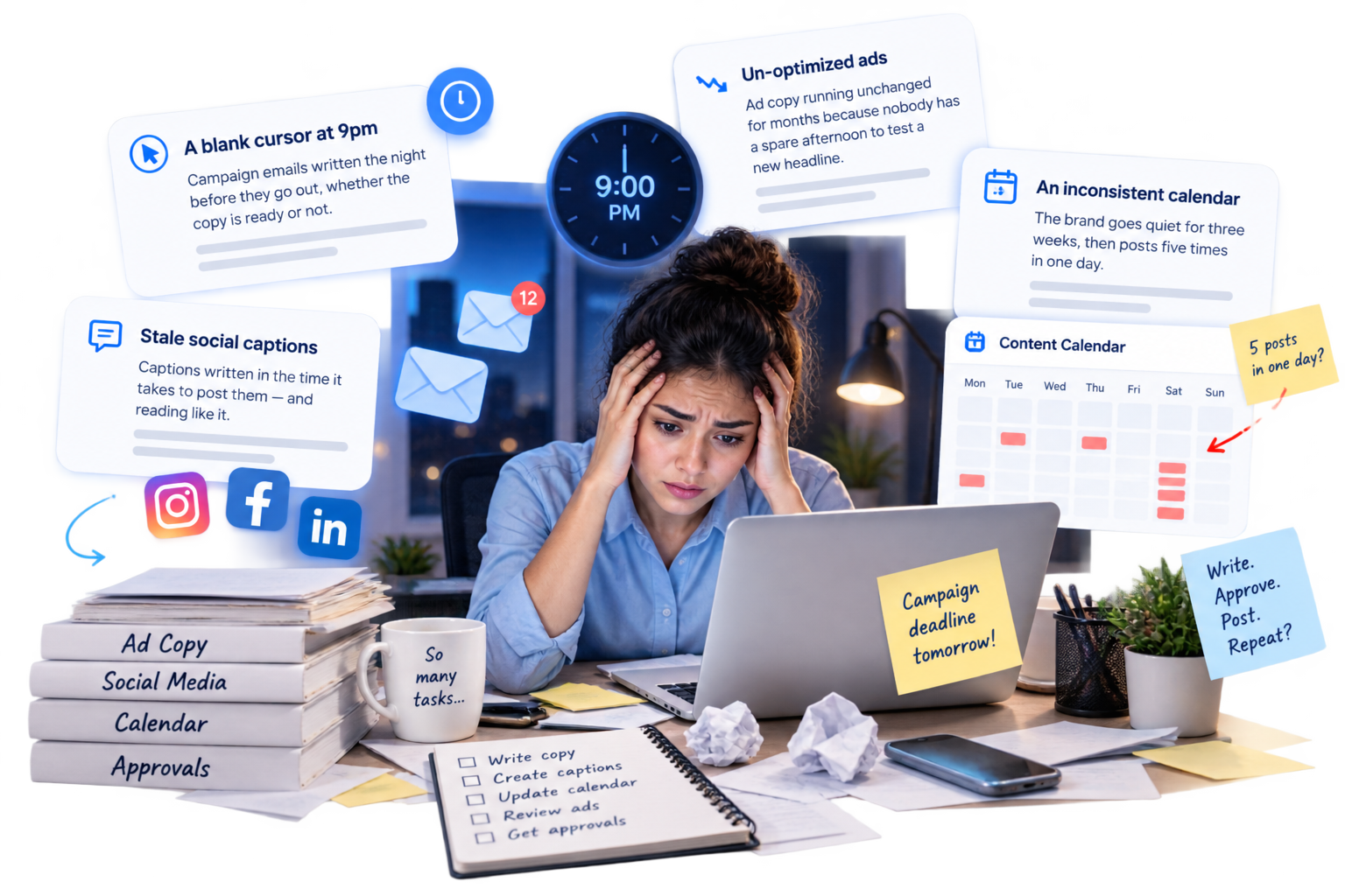 Small marketing team overwhelmed by manual campaign writing and scheduling