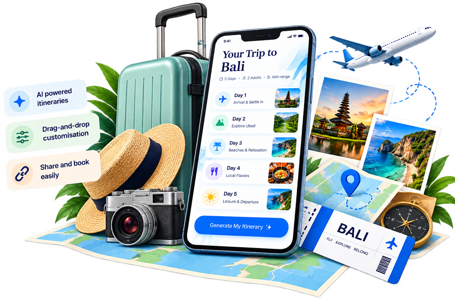 Phone mockup of an AI travel itinerary for a five-day Bali trip with generate, customise, and share features