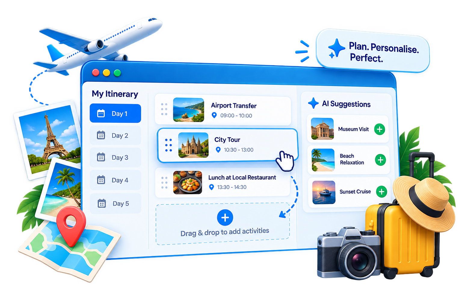 Drag-and-drop itinerary editor interface with day and activity cards