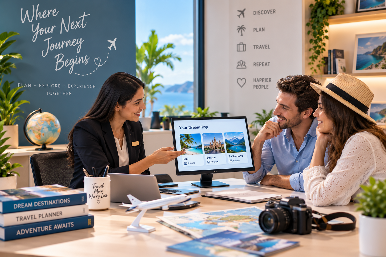 Travel agency team preparing a client itinerary quote
