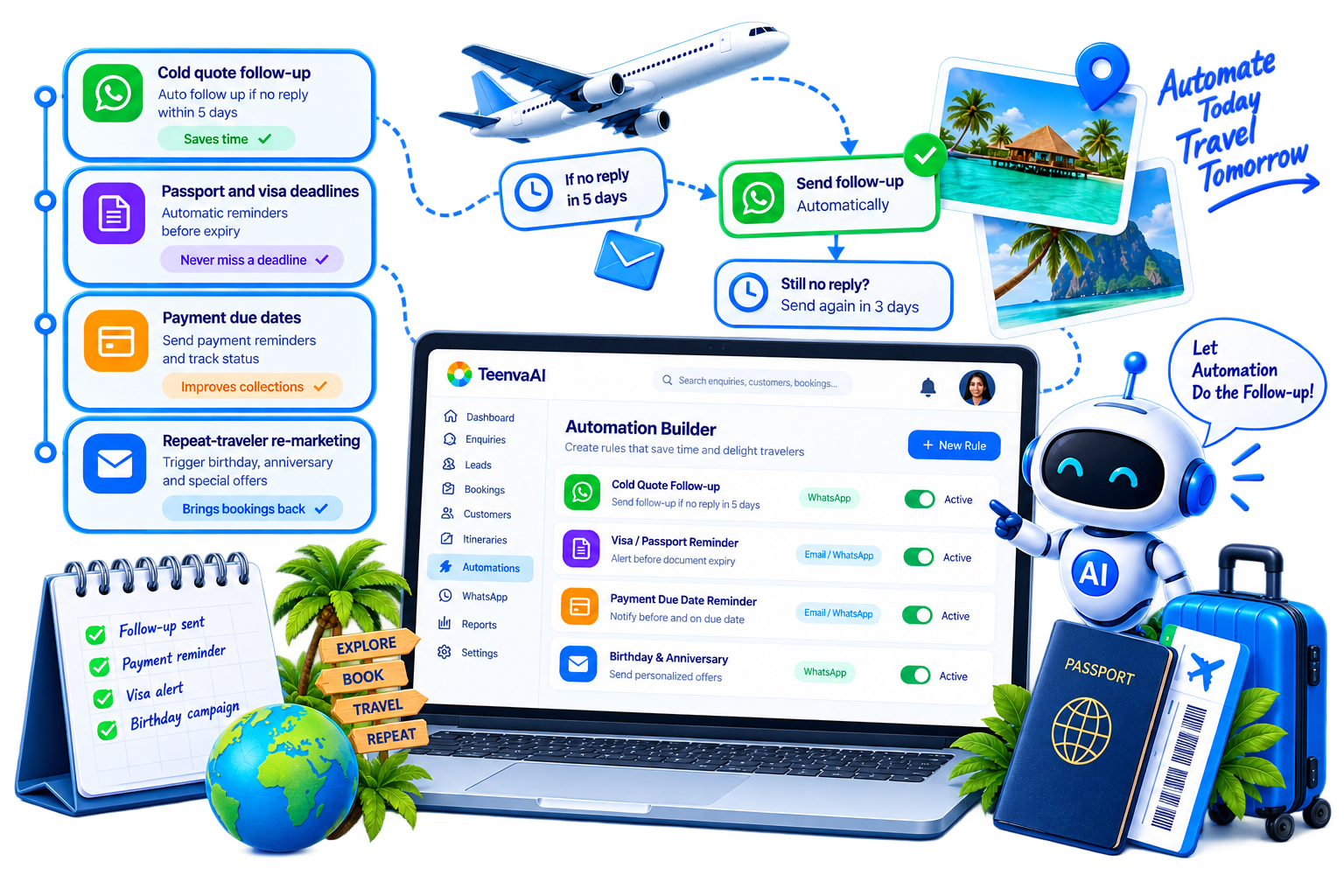 Travel CRM automation rule builder with a cold-quote follow-up notification