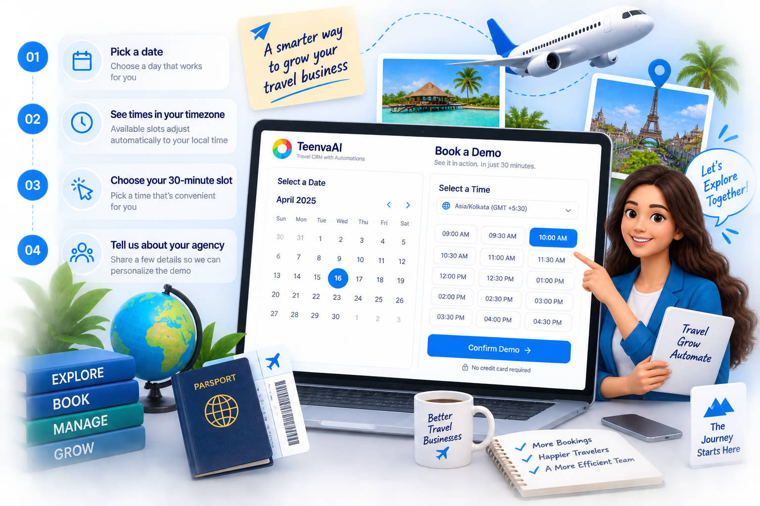 Book a demo calendar with timezone-aware 30-minute slot picker