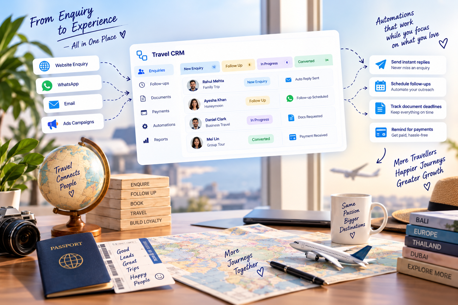 Travel CRM pipeline with automated follow-ups and WhatsApp messaging