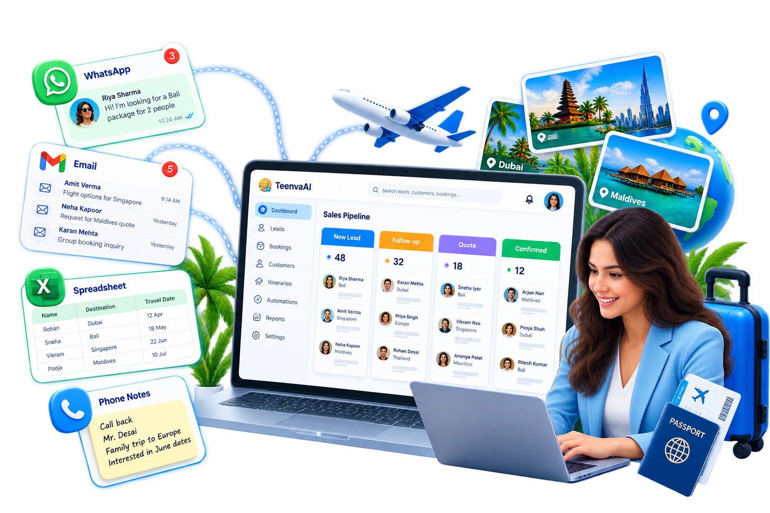 Scattered travel leads across WhatsApp, email, and spreadsheets before using a travel CRM
