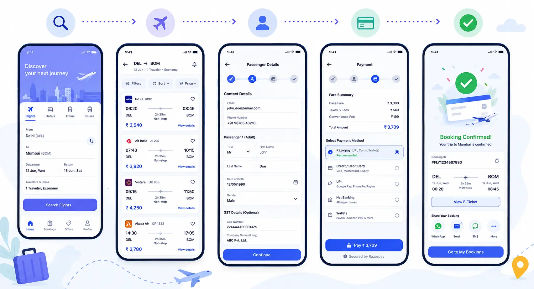 Cross-platform travel booking mobile app mockup