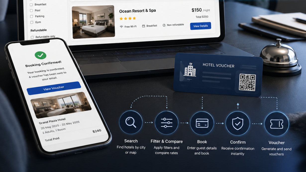 Hotel booking engine checkout and voucher confirmation
