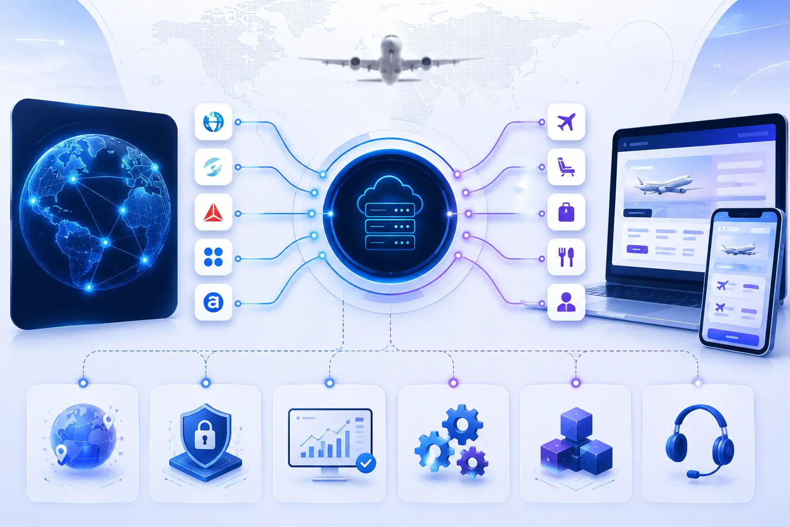 Multi-GDS travel API integration hub diagram