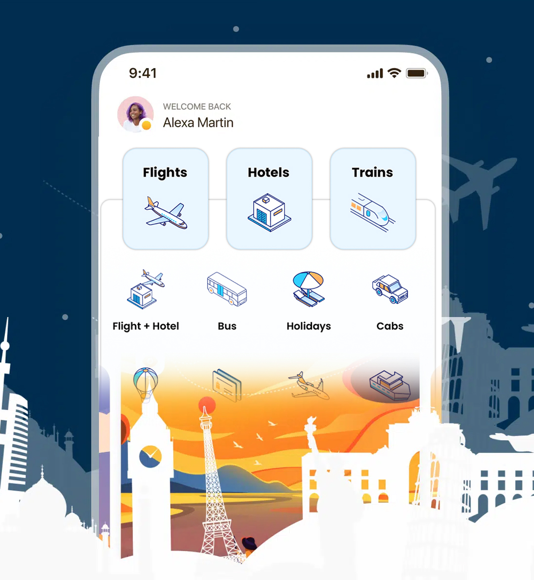 Travel app screens — search, book, trips